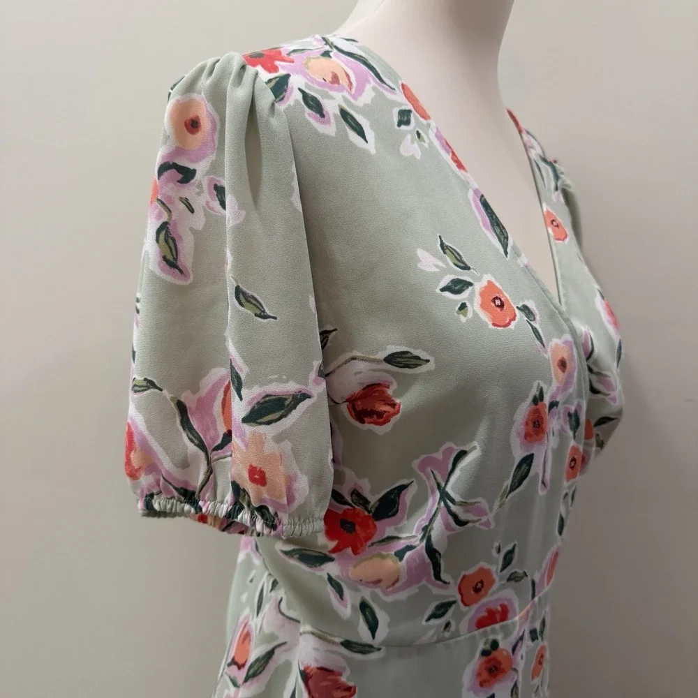 LC Lauren Conrad Size Large Sage Green Floral Faux-Wrap Midi Dress Cottagecore - Picture 4 of 15